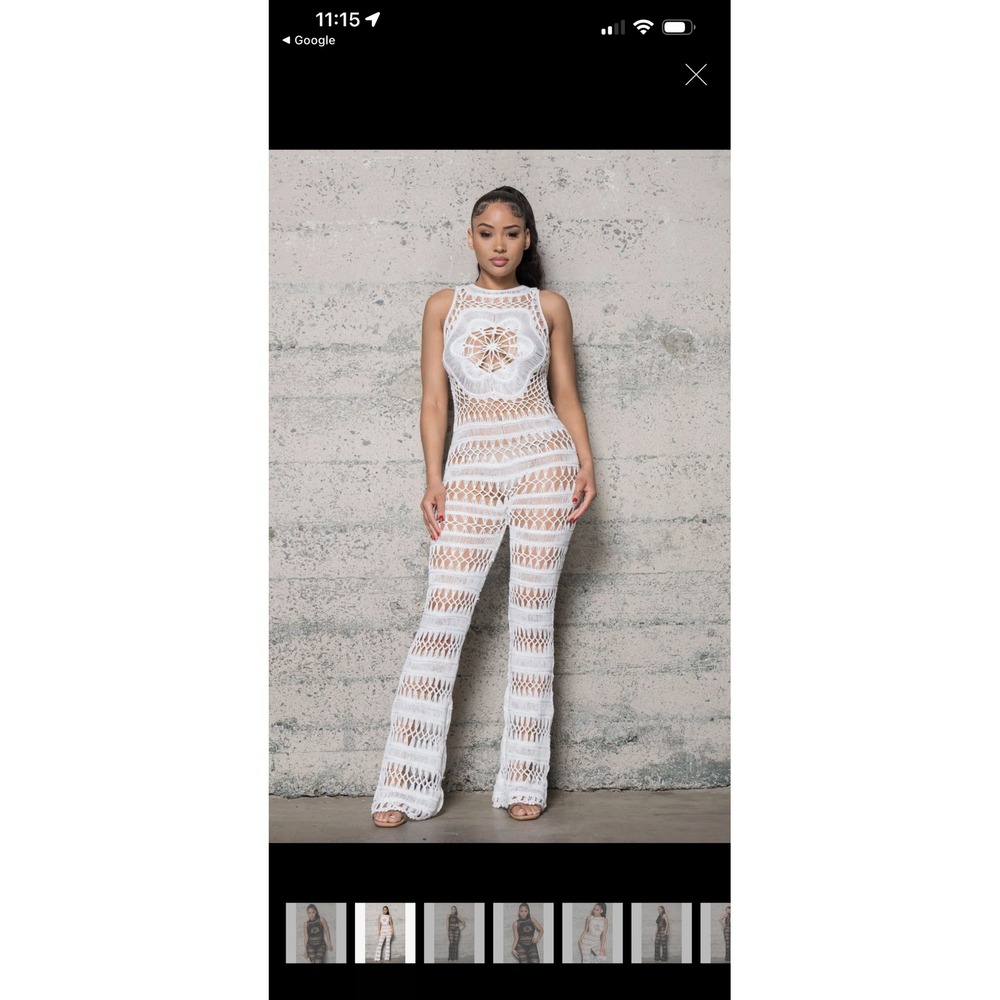 Melrose With Love White Crochet Jumpsuit Open Back Flare Leg Festival Boho‎ S